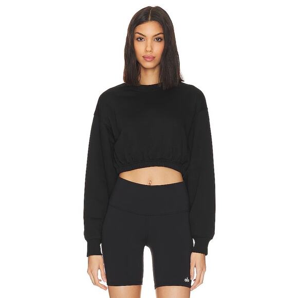Alo Yoga Devotion Black Cropped Long Sleeve Crewneck Sweatshirt Small - Picture 1 of 7